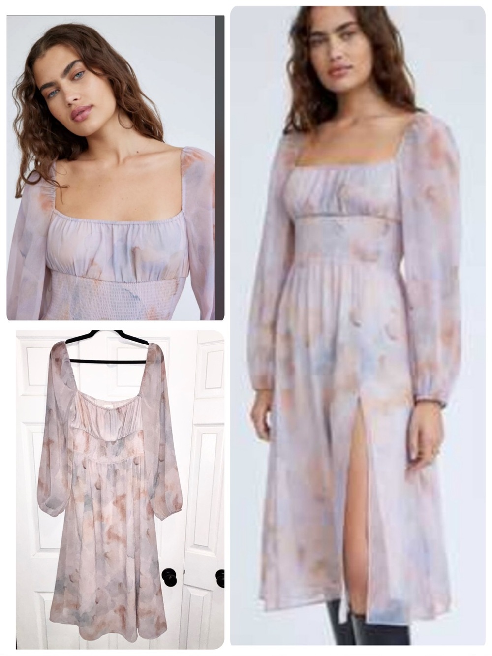 Aritzia Wilfred Bella Smocked Slit Midi Dress Puffed Sleeves Size Large